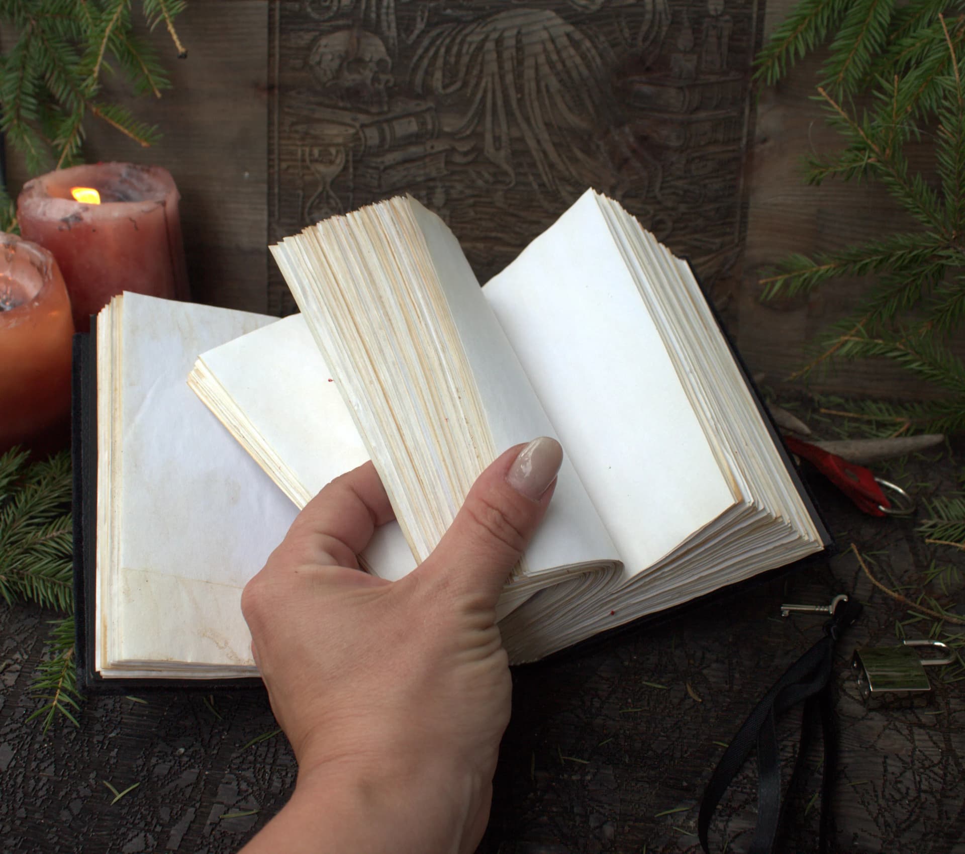 Handmade Velvet Grimoire Journal with Lock, Aged Pages thumbnail 9