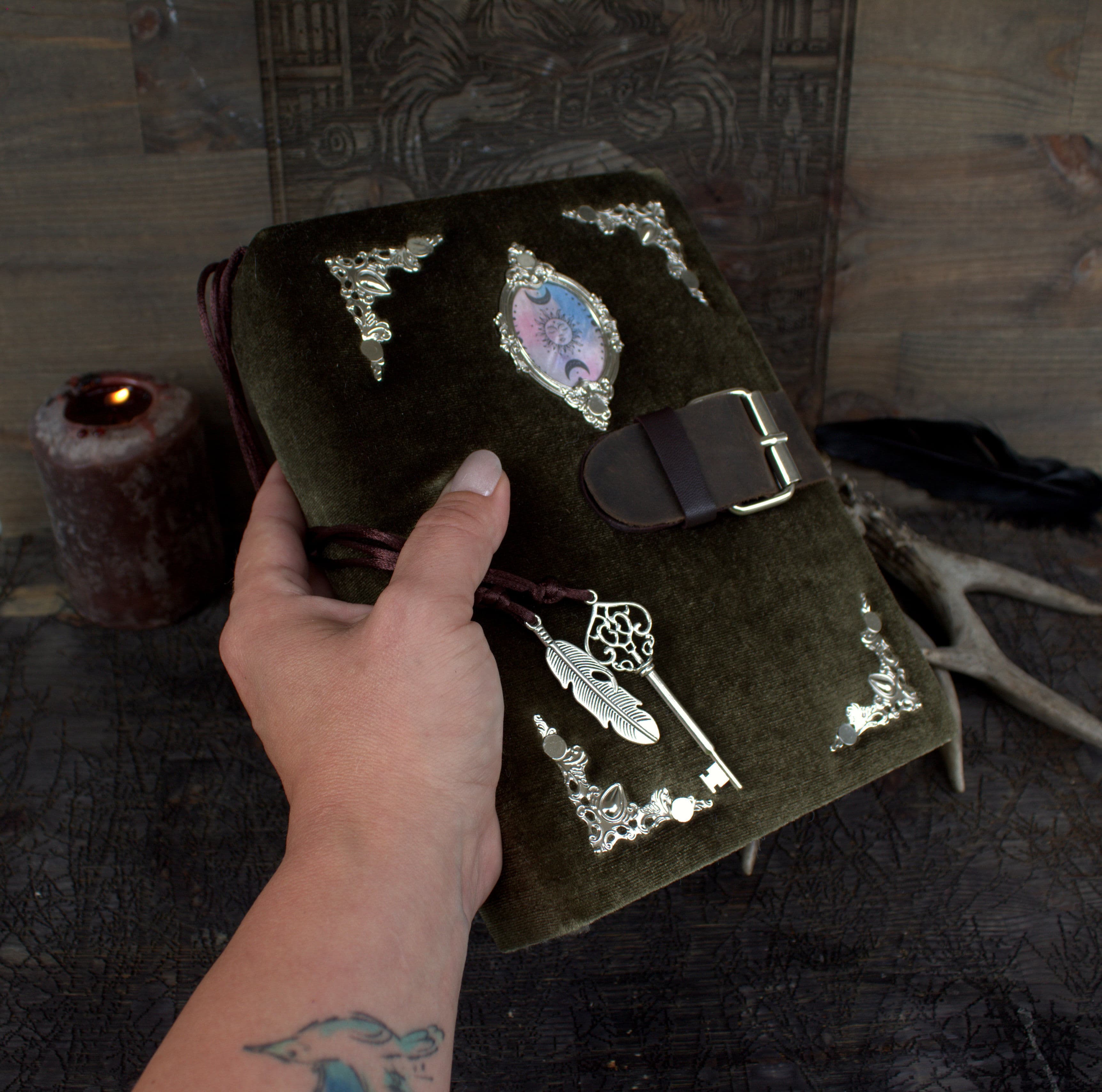 Handmade Velvet Grimoire Journal, Antique Style Book of Shadows thumbnail 3