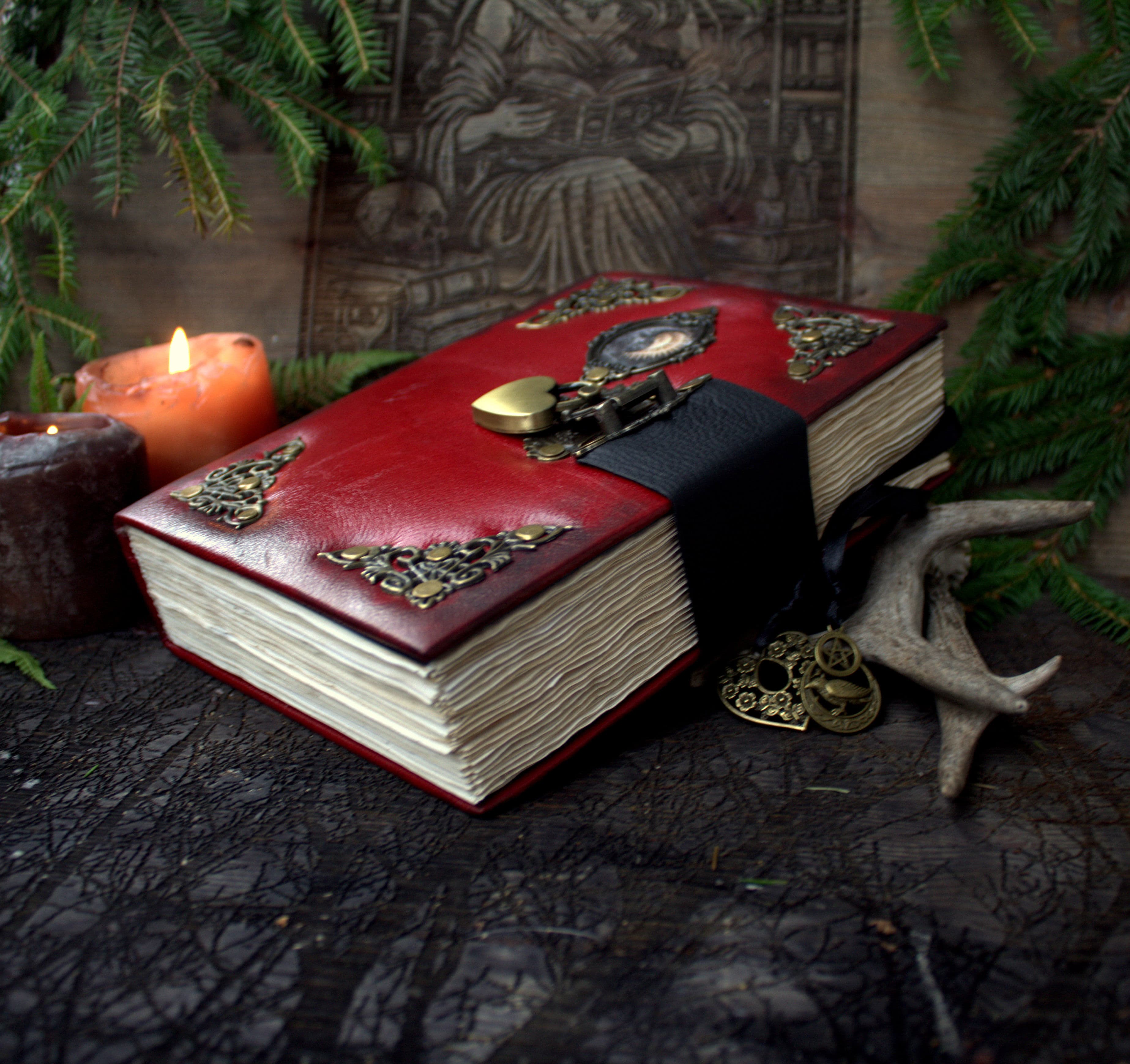 Red Leather Grimoire A5 – Handmade Spell Book, Journal, Witchcraft Notebook thumbnail 2