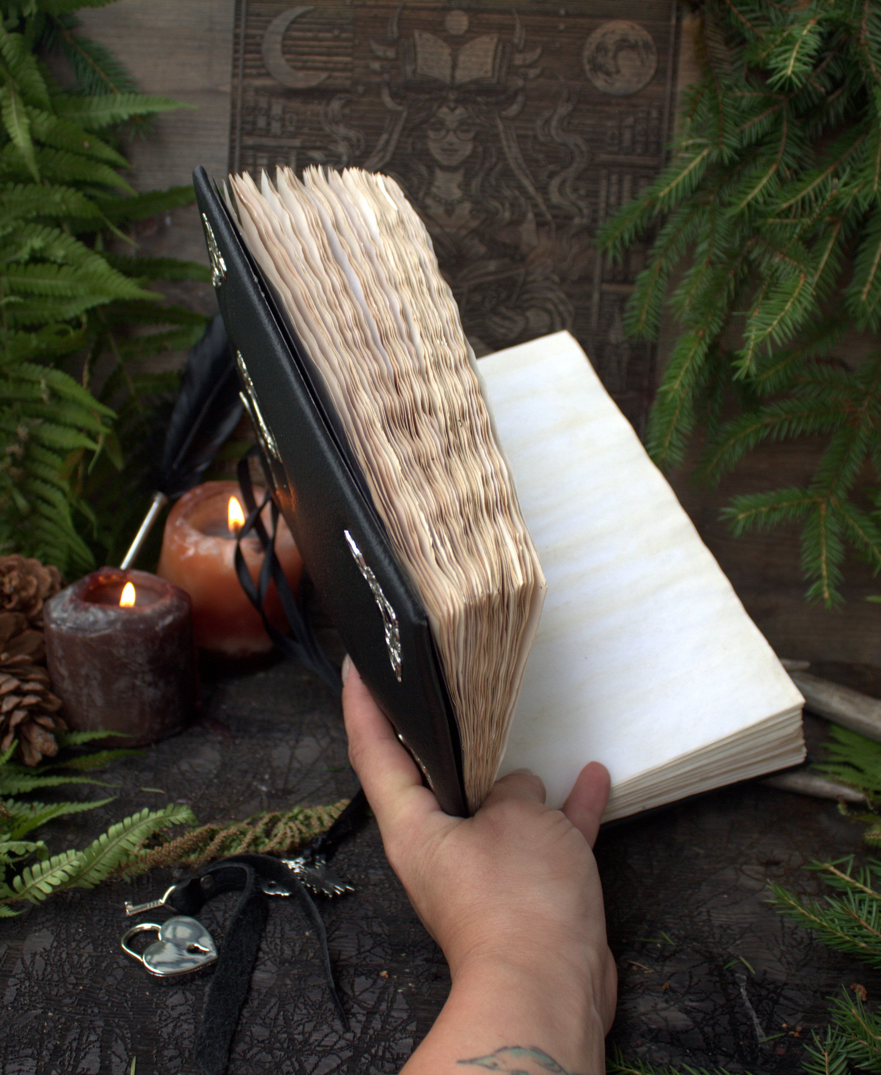 Leather Journal, Handmade Gothic Notebook, Black Grimoire, Vintage Spell Book, A5 Leather Diary with Lock, Fantasy Journal thumbnail 6