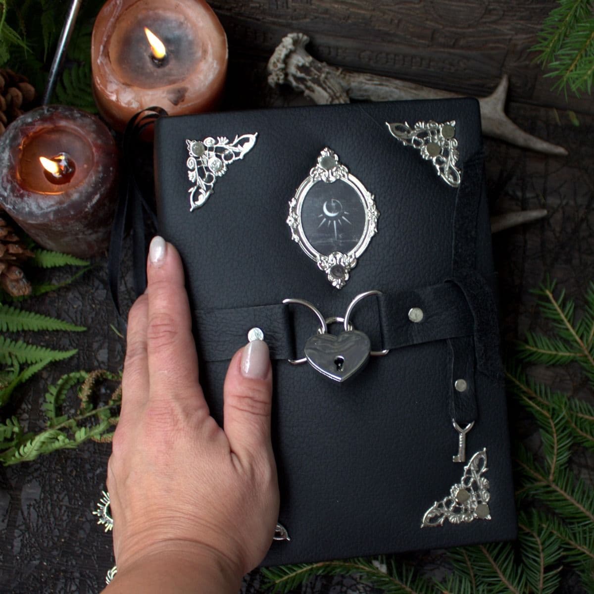 Leather Journal, Handmade Gothic Notebook, Black Grimoire, Vintage Spell Book, A5 Leather Diary with Lock, Fantasy Journal thumbnail 10