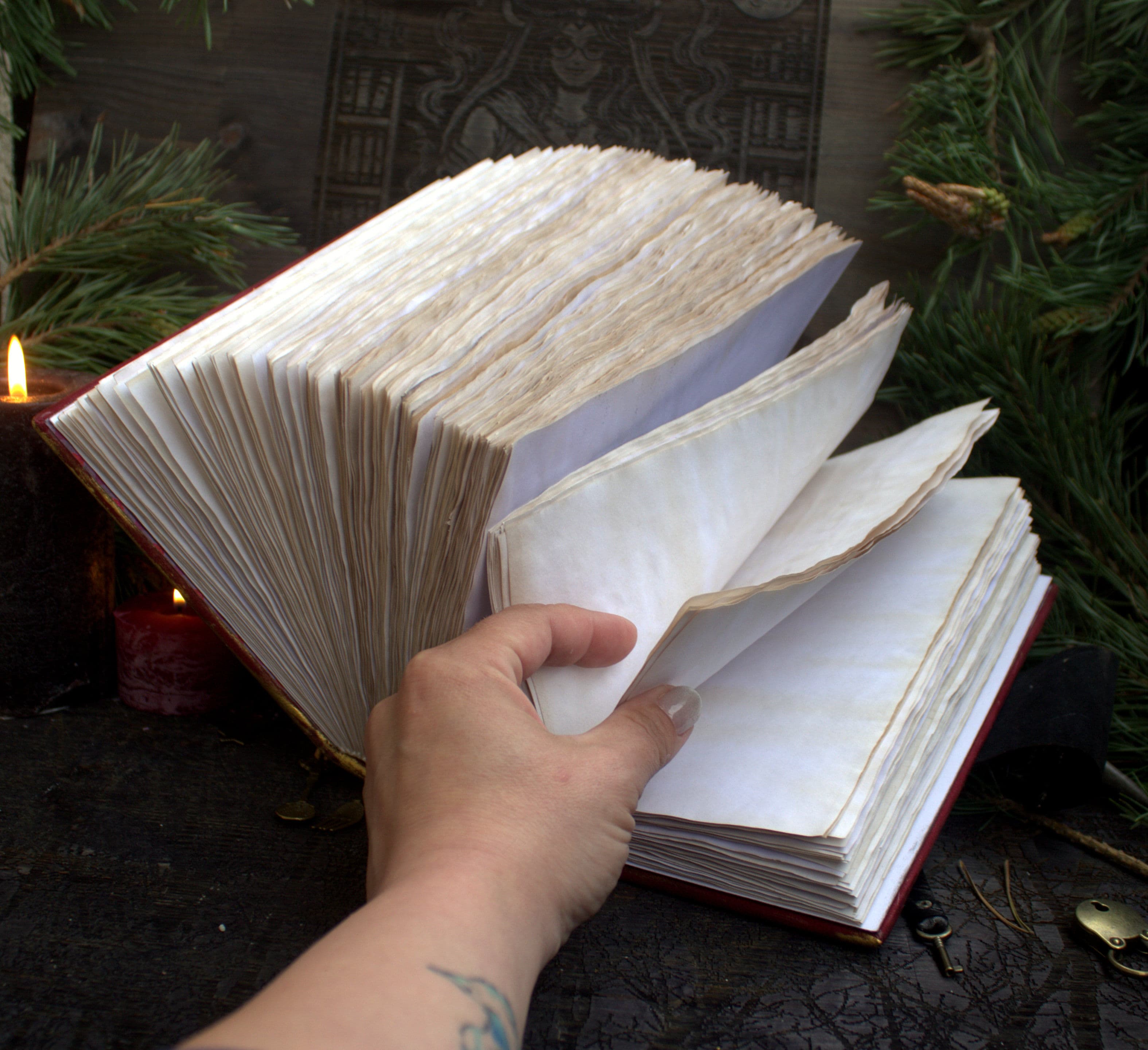 Handmade Leather Grimoire, Kitchen Witch Recipe Book, Aged Paper Journal thumbnail 9