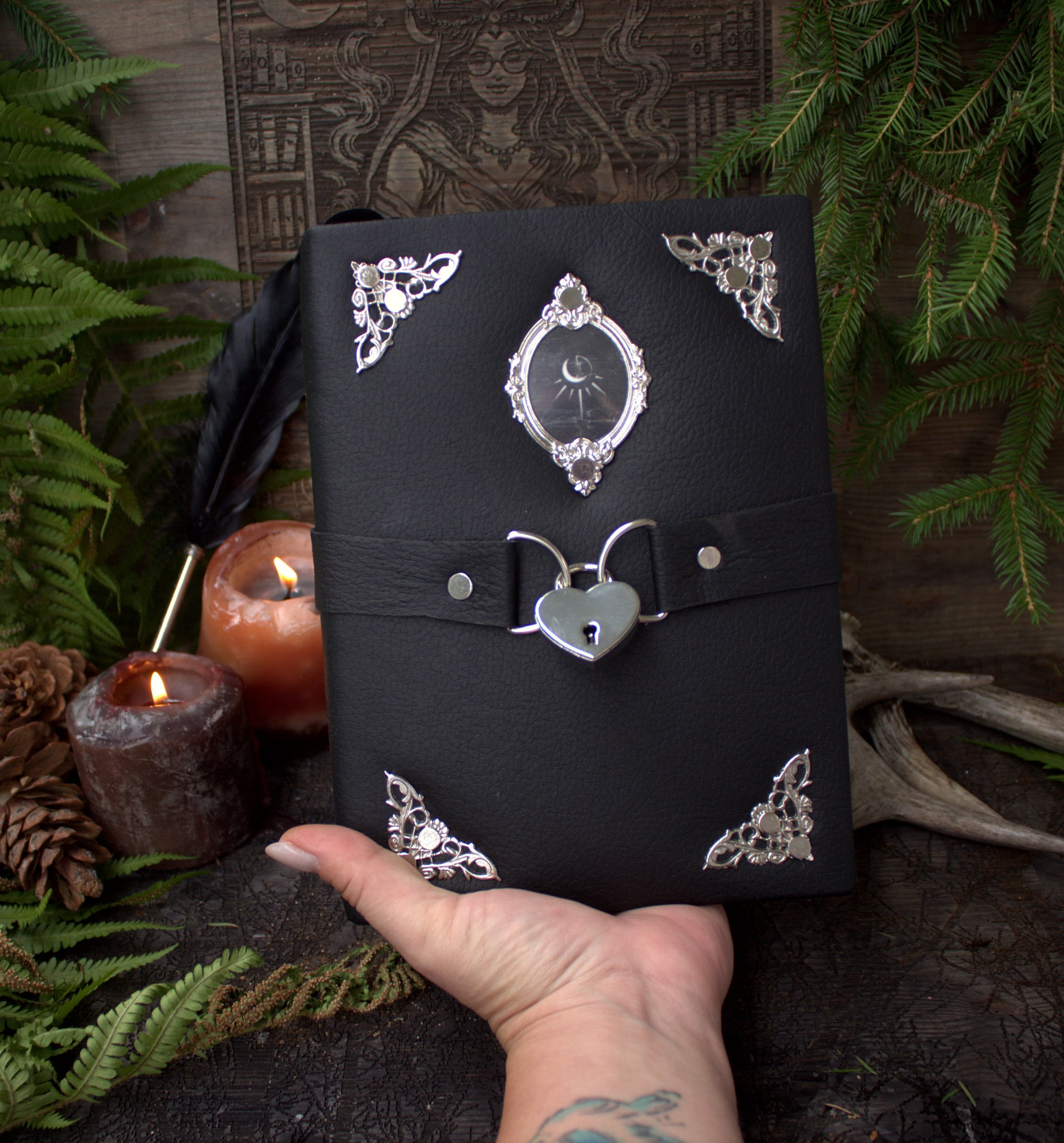 Leather Journal, Handmade Gothic Notebook, Black Grimoire, Vintage Spell Book, A5 Leather Diary with Lock, Fantasy Journal thumbnail 9