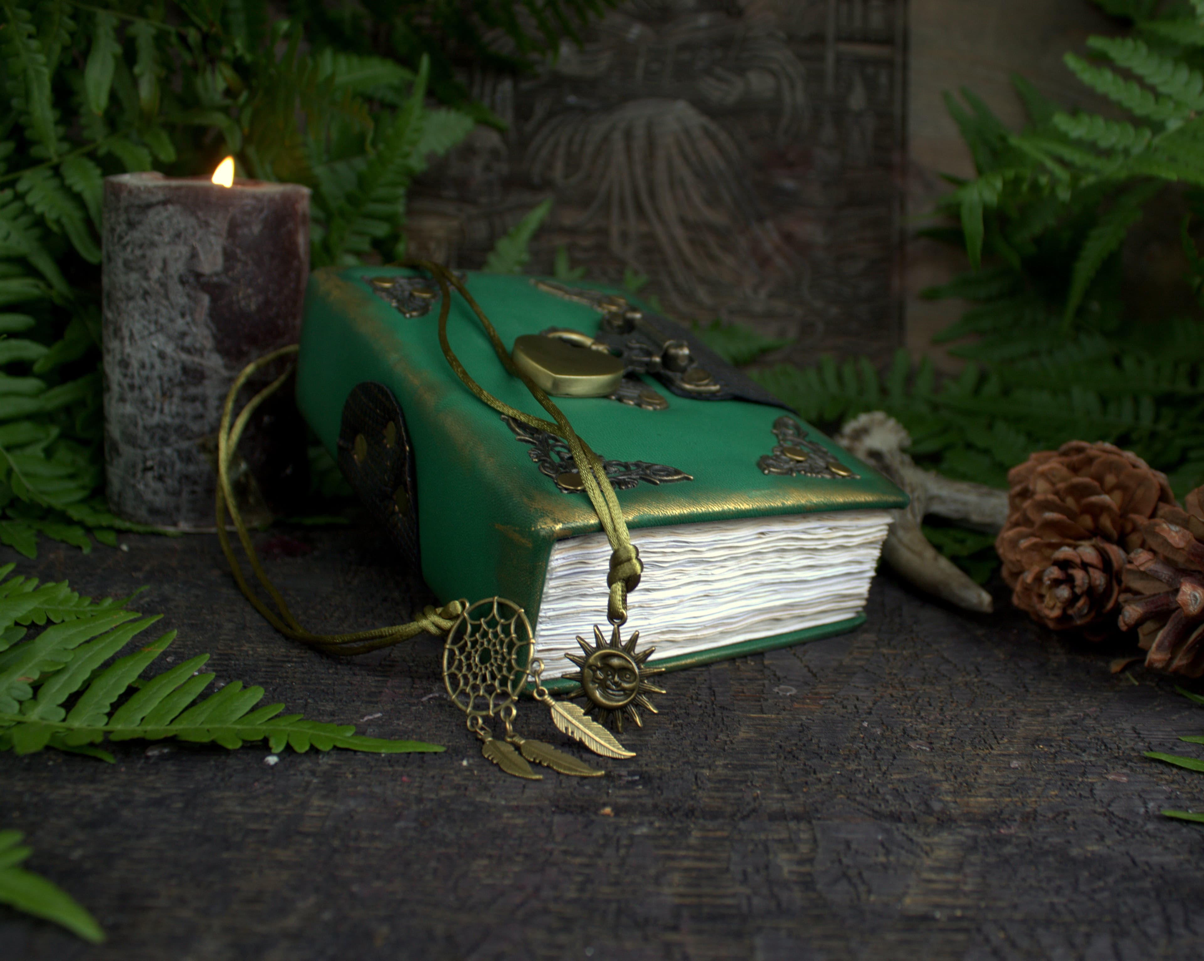 Green leather diary with lock and key, handwritten book with blank pages thumbnail 2