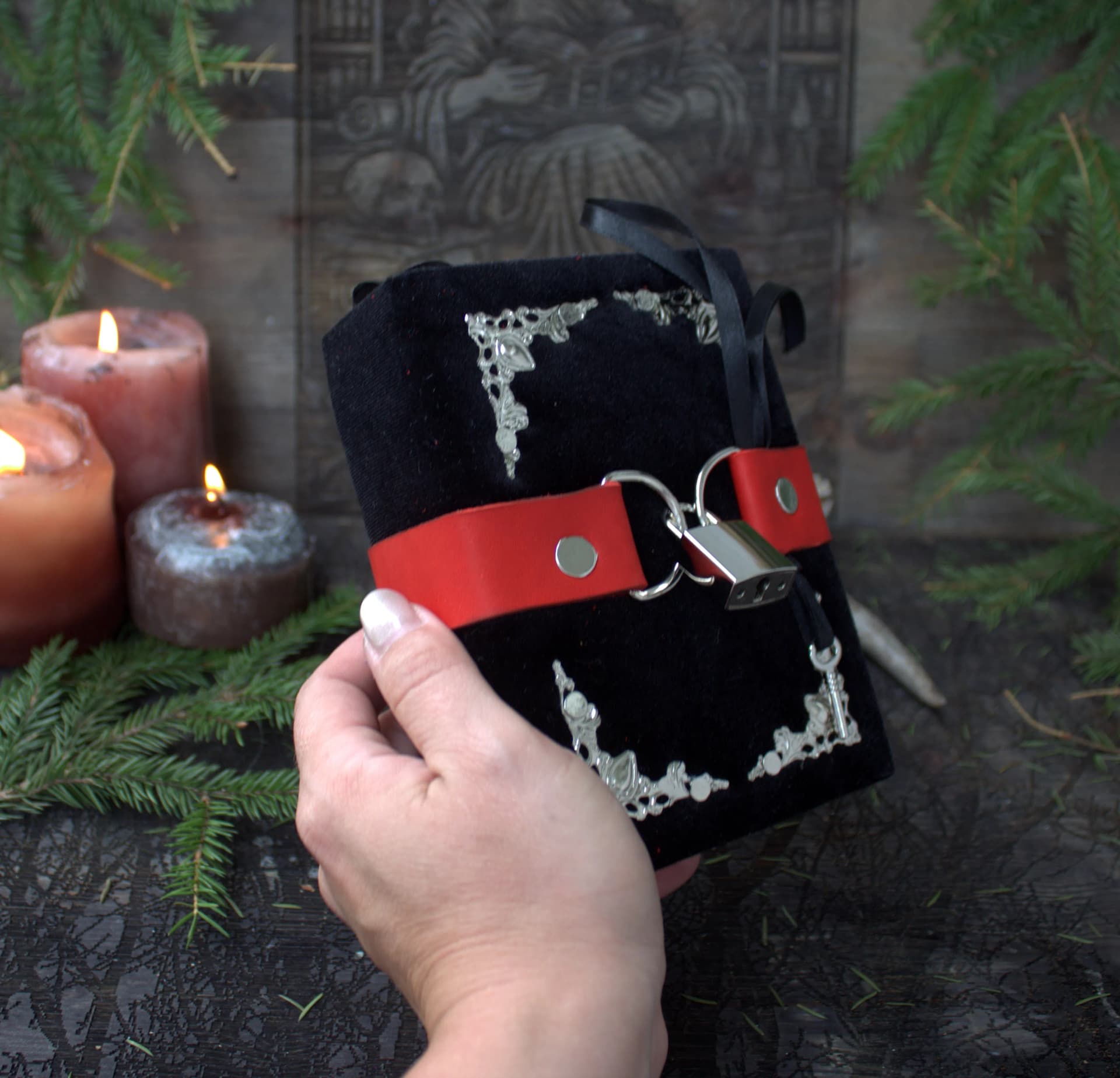 Handmade Velvet Grimoire Journal with Lock, Aged Pages thumbnail 2