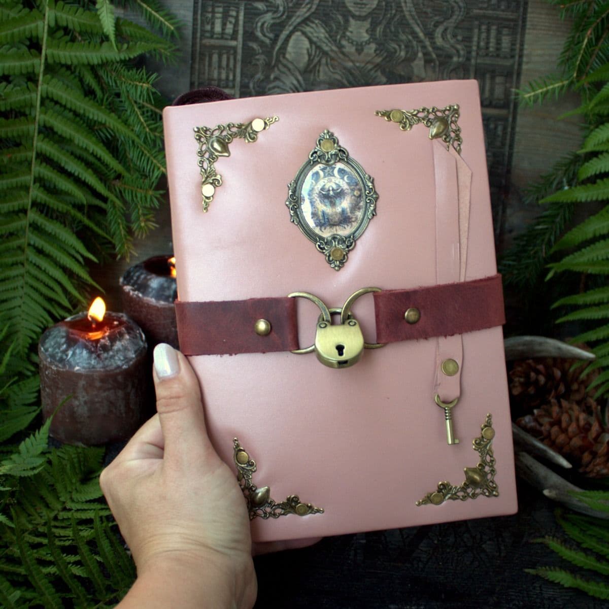 Pink Leather Locking Grimoire, Witchcraft Spell Book, Book of Shadows thumbnail 10