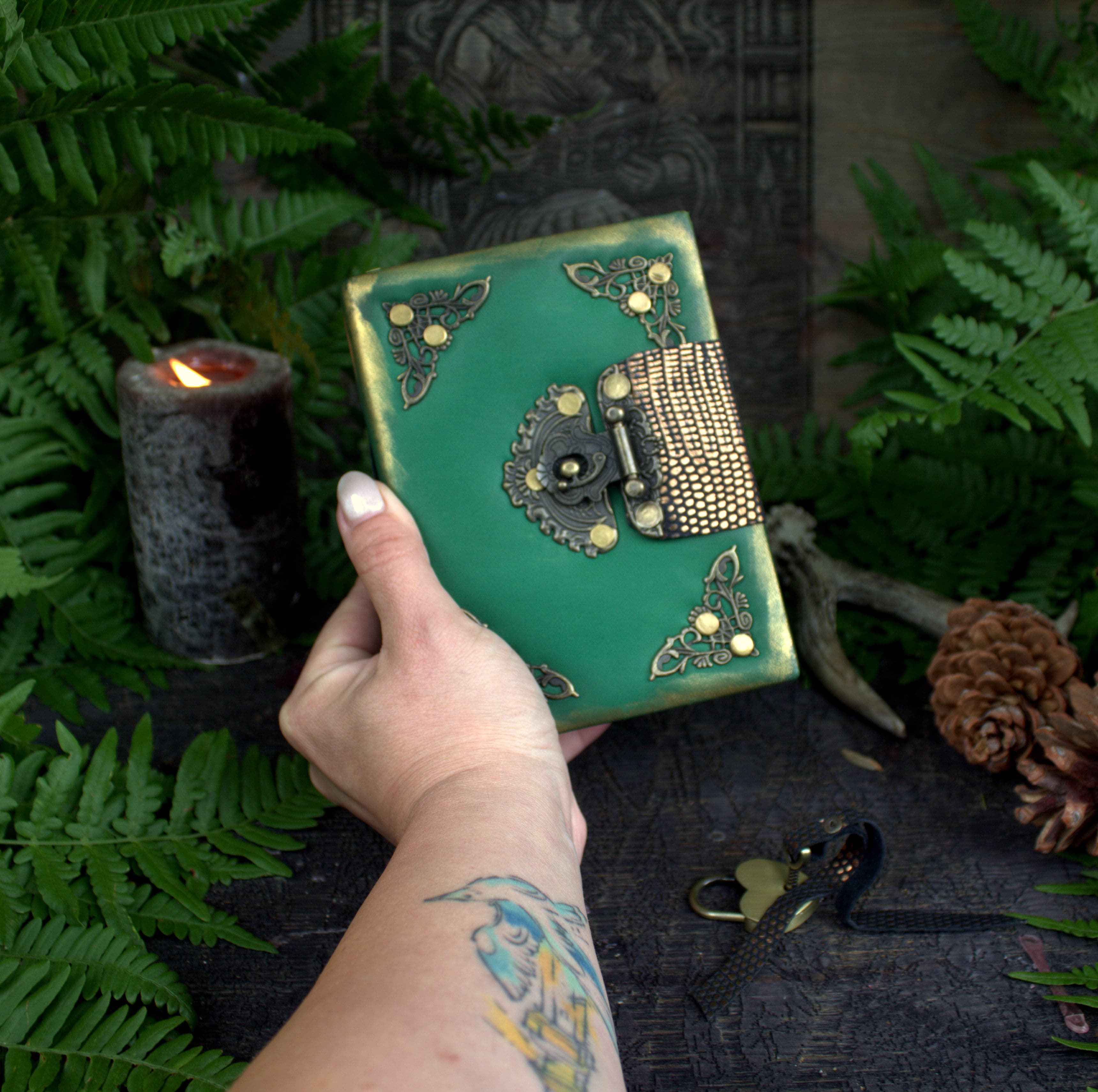 Green leather diary with lock and key, handwritten book with blank pages thumbnail 8
