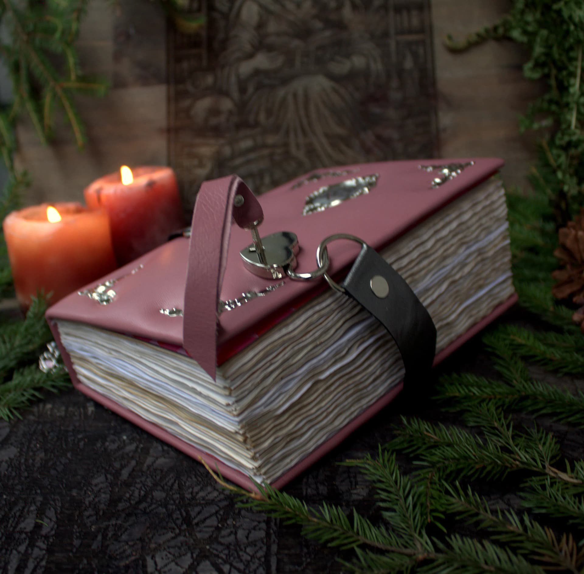 Pink Leather Grimoire Journal with Lock, Witch Spellbook thumbnail 6