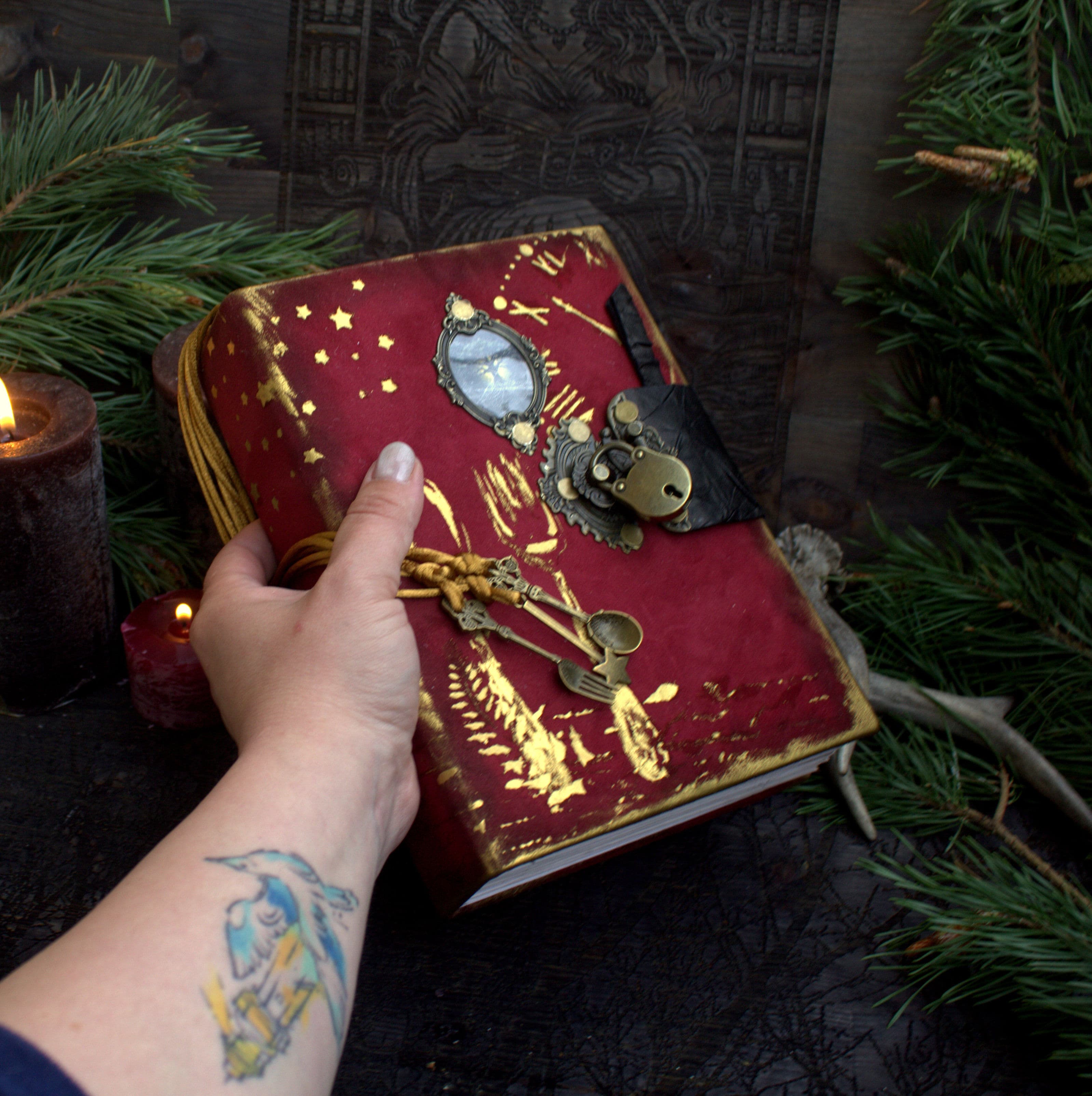 Handmade Leather Grimoire, Kitchen Witch Recipe Book, Aged Paper Journal thumbnail 3