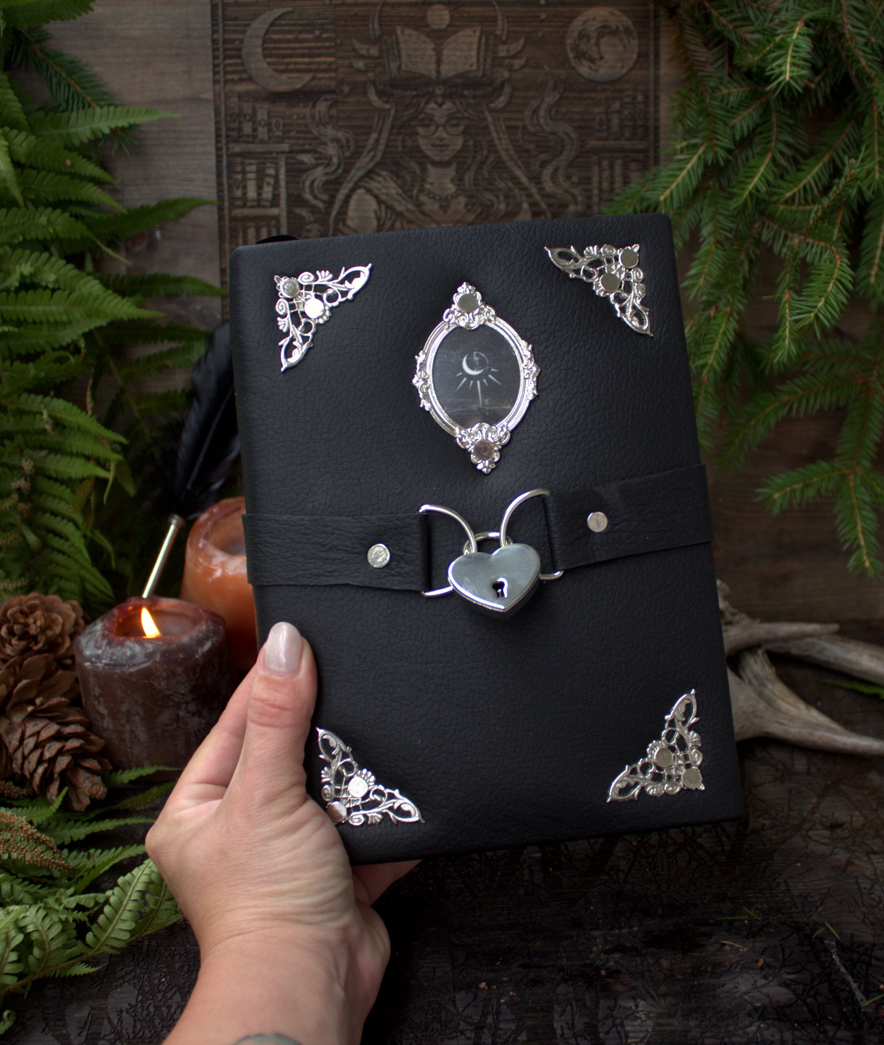 Leather Journal, Handmade Gothic Notebook, Black Grimoire, Vintage Spell Book, A5 Leather Diary with Lock, Fantasy Journal thumbnail 8