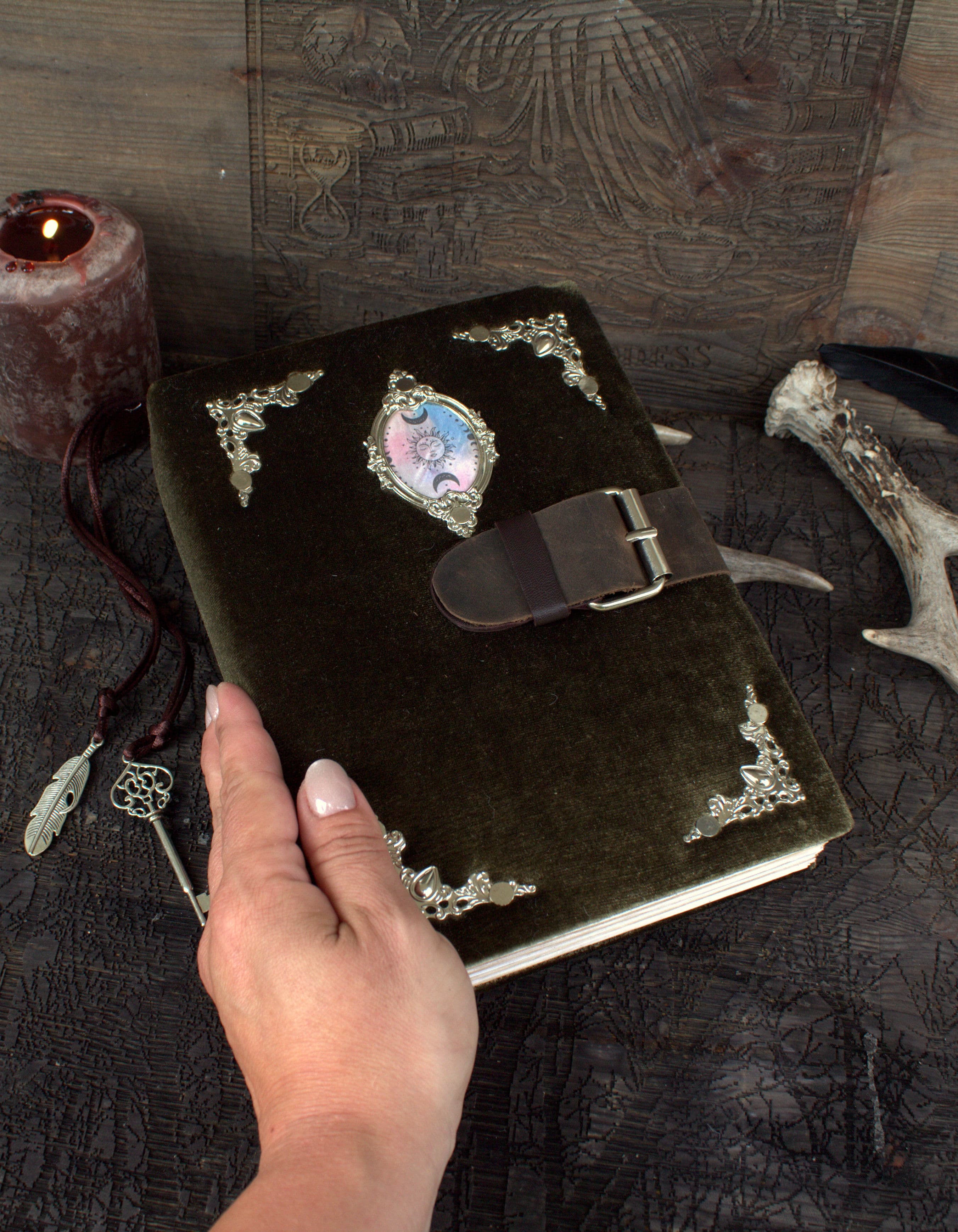 Handmade Velvet Grimoire Journal, Antique Style Book of Shadows thumbnail 5