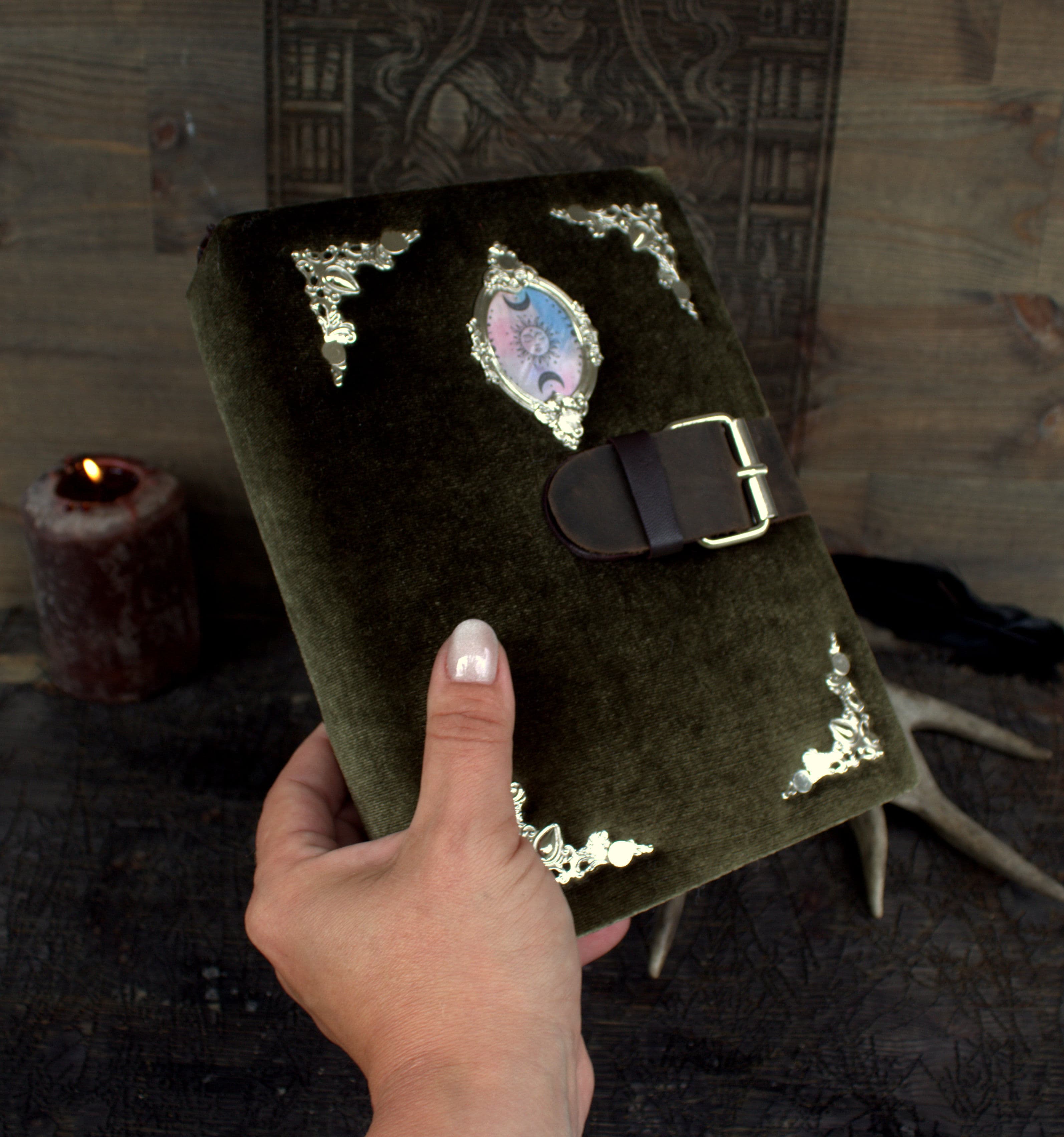 Handmade Velvet Grimoire Journal, Antique Style Book of Shadows thumbnail 2