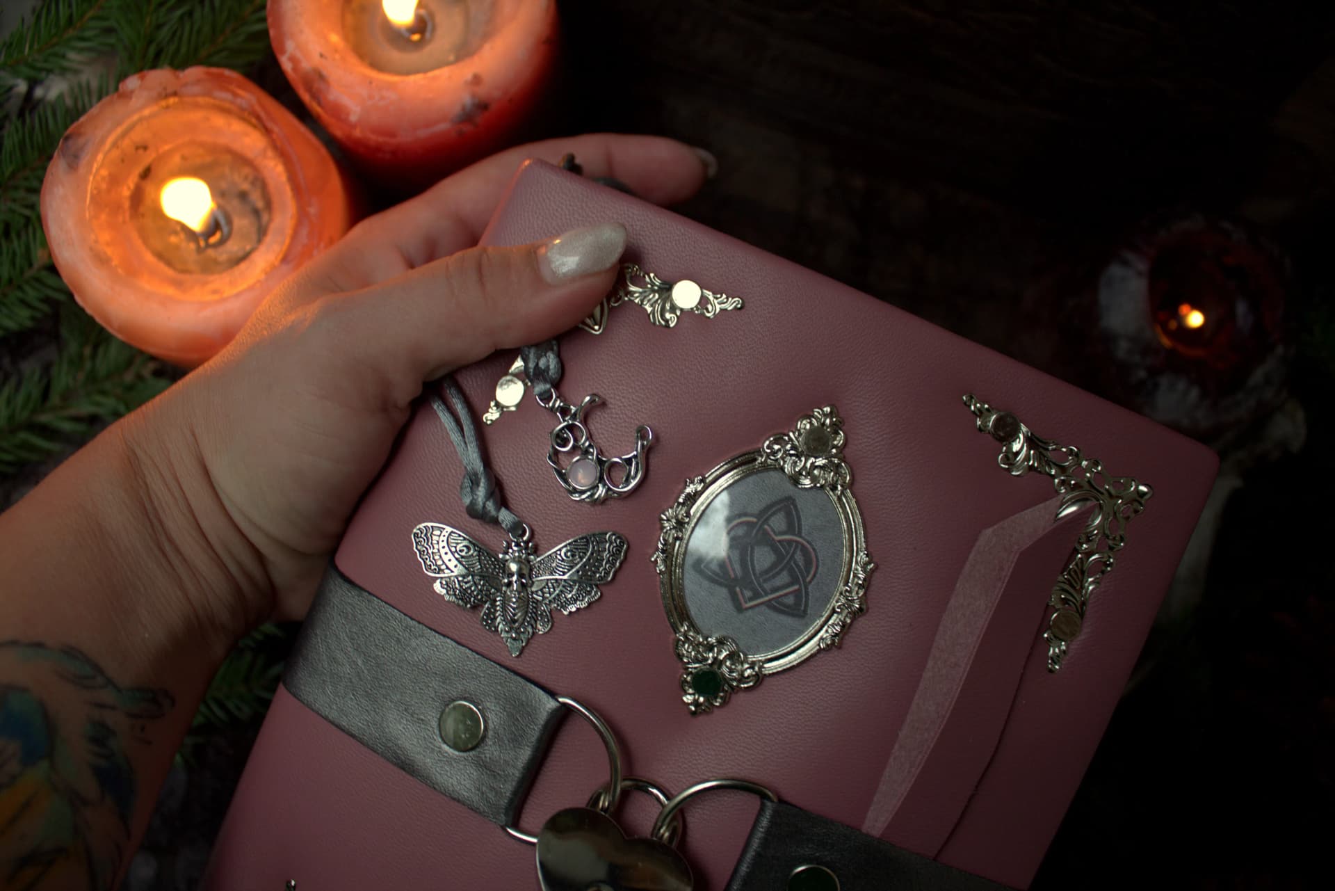 Pink Leather Grimoire Journal with Lock, Witch Spellbook thumbnail 4