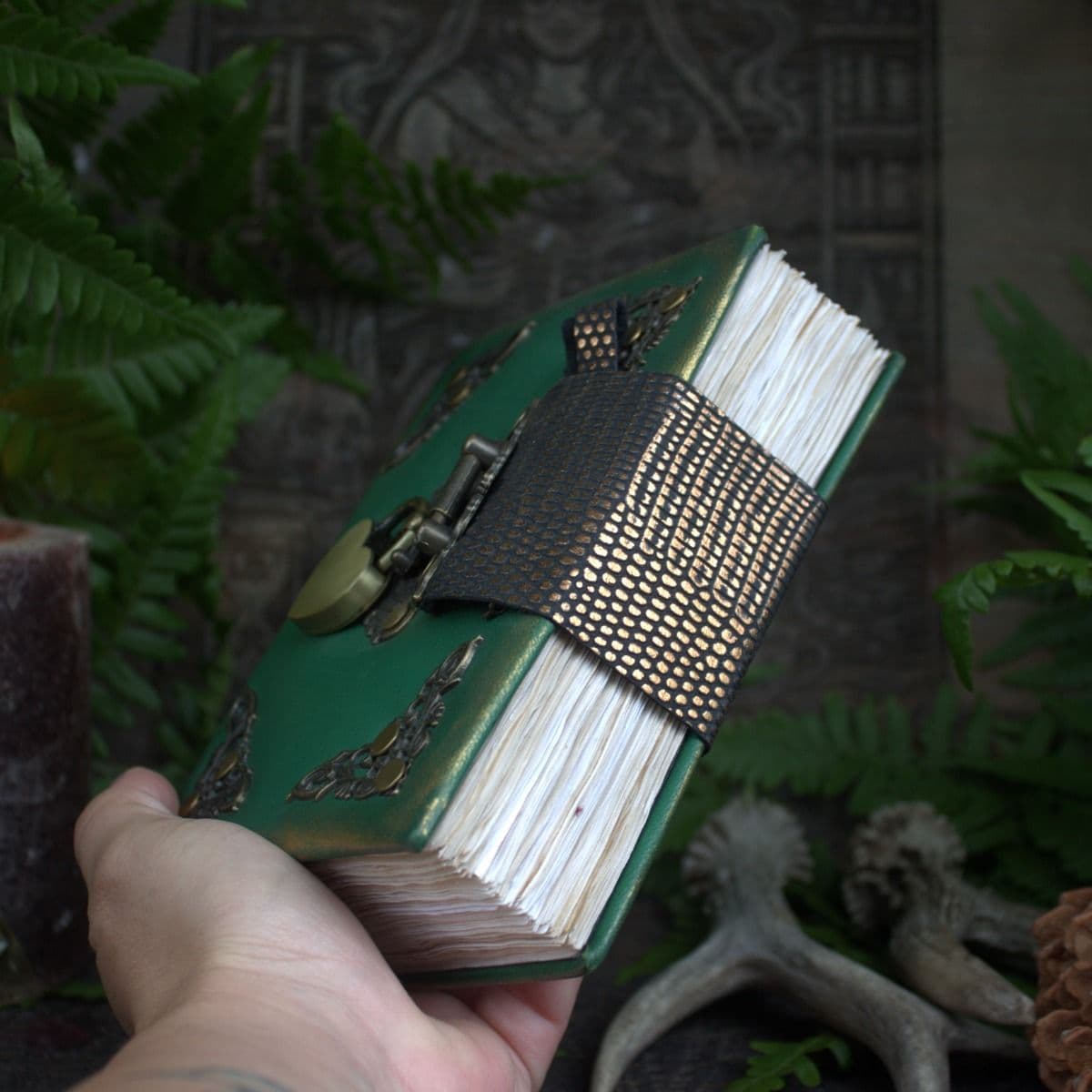 Green leather diary with lock and key, handwritten book with blank pages thumbnail 10