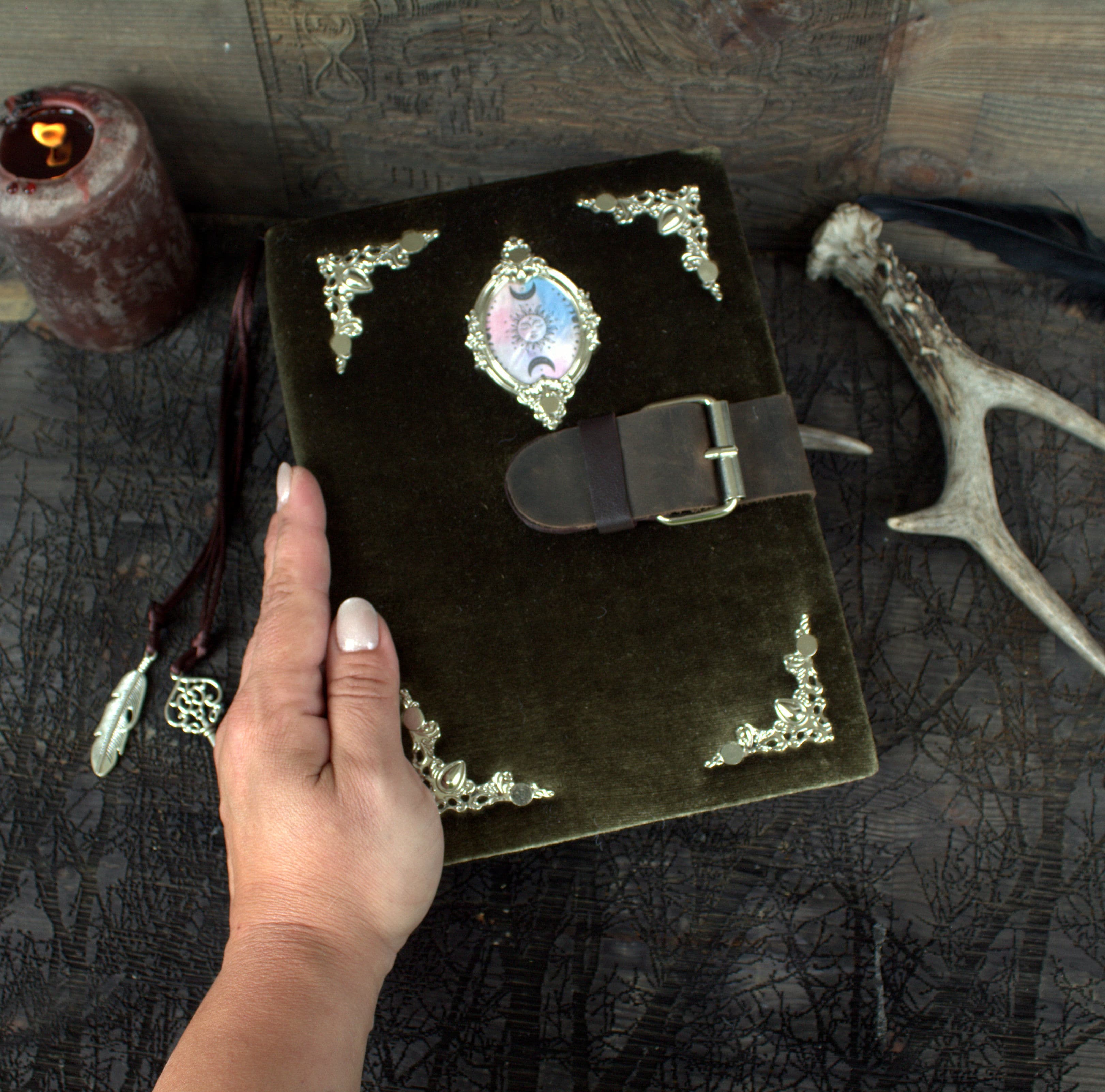 Handmade Velvet Grimoire Journal, Antique Style Book of Shadows thumbnail 6