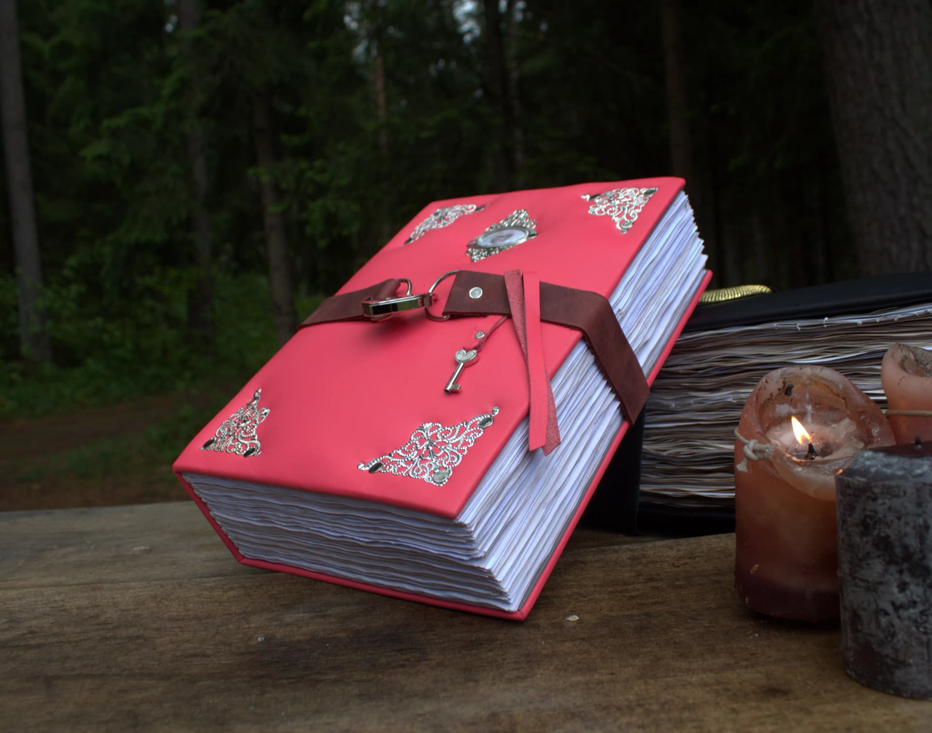 Pink Leather Grimoire with Lock, A4 Witch Journal, Book of Shadows, Large Handmade Spellbook thumbnail 9