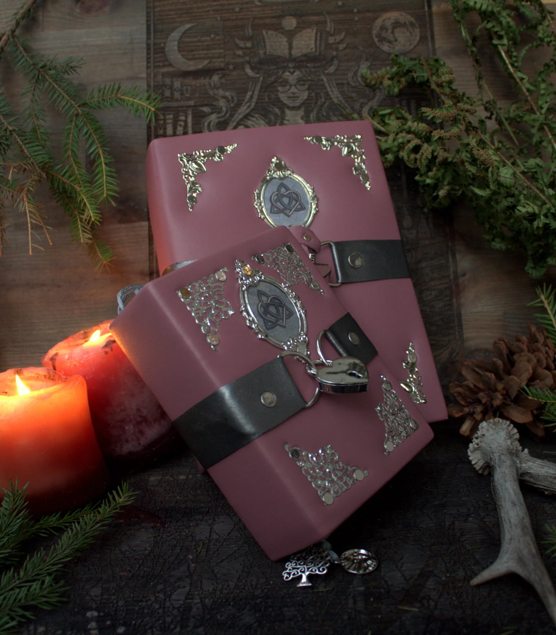 Handmade Pink Grimoire Set: Large and Small Witch Journal, Vintage Fantasy Notebook thumbnail 5
