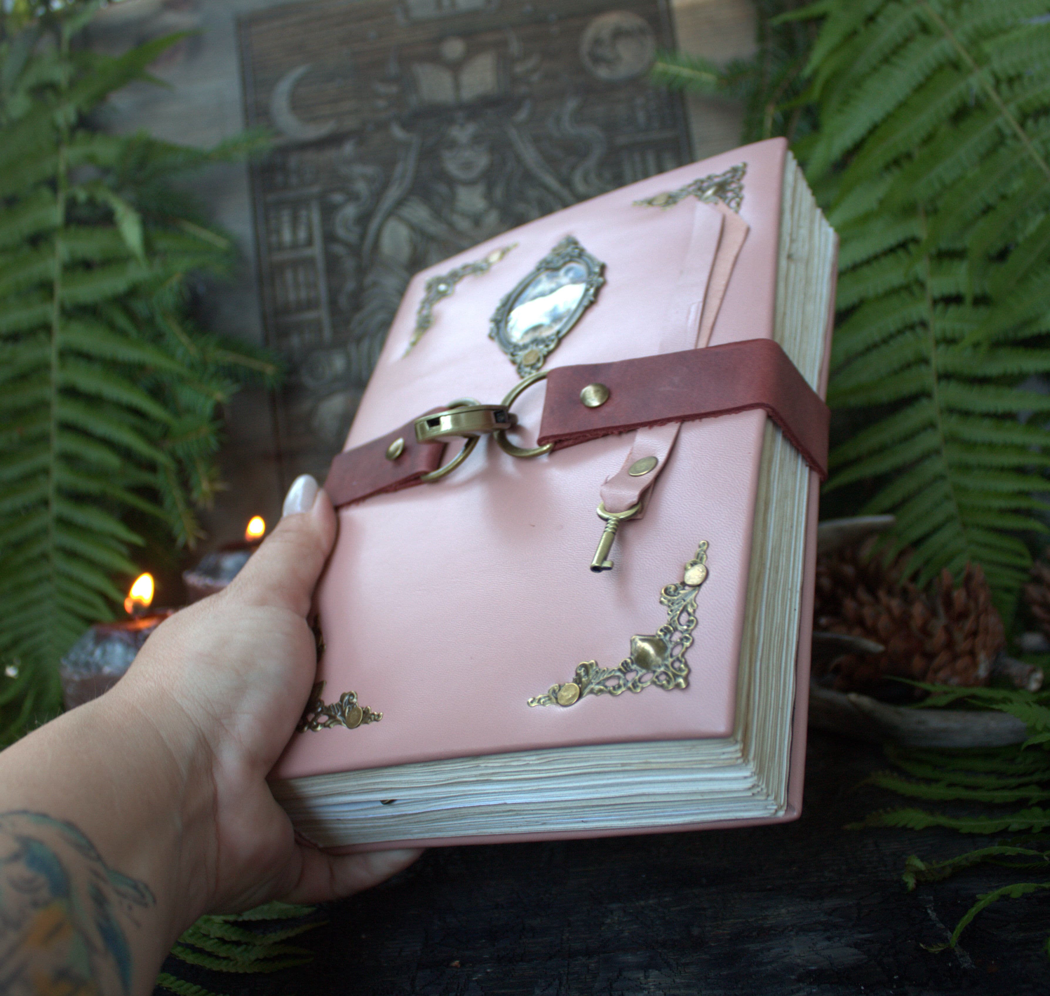 Pink Leather Locking Grimoire, Witchcraft Spell Book, Book of Shadows thumbnail 2