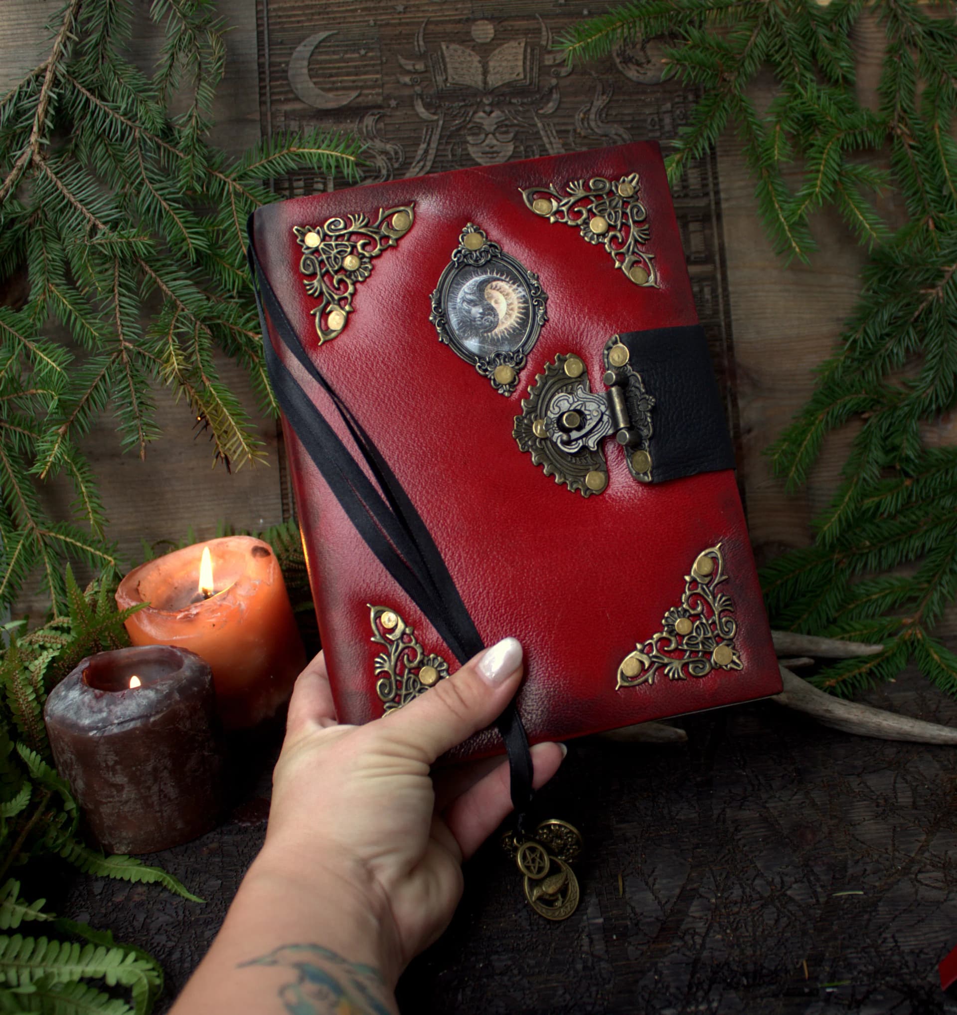 Red Leather Grimoire A5 – Handmade Spell Book, Journal, Witchcraft Notebook thumbnail 9