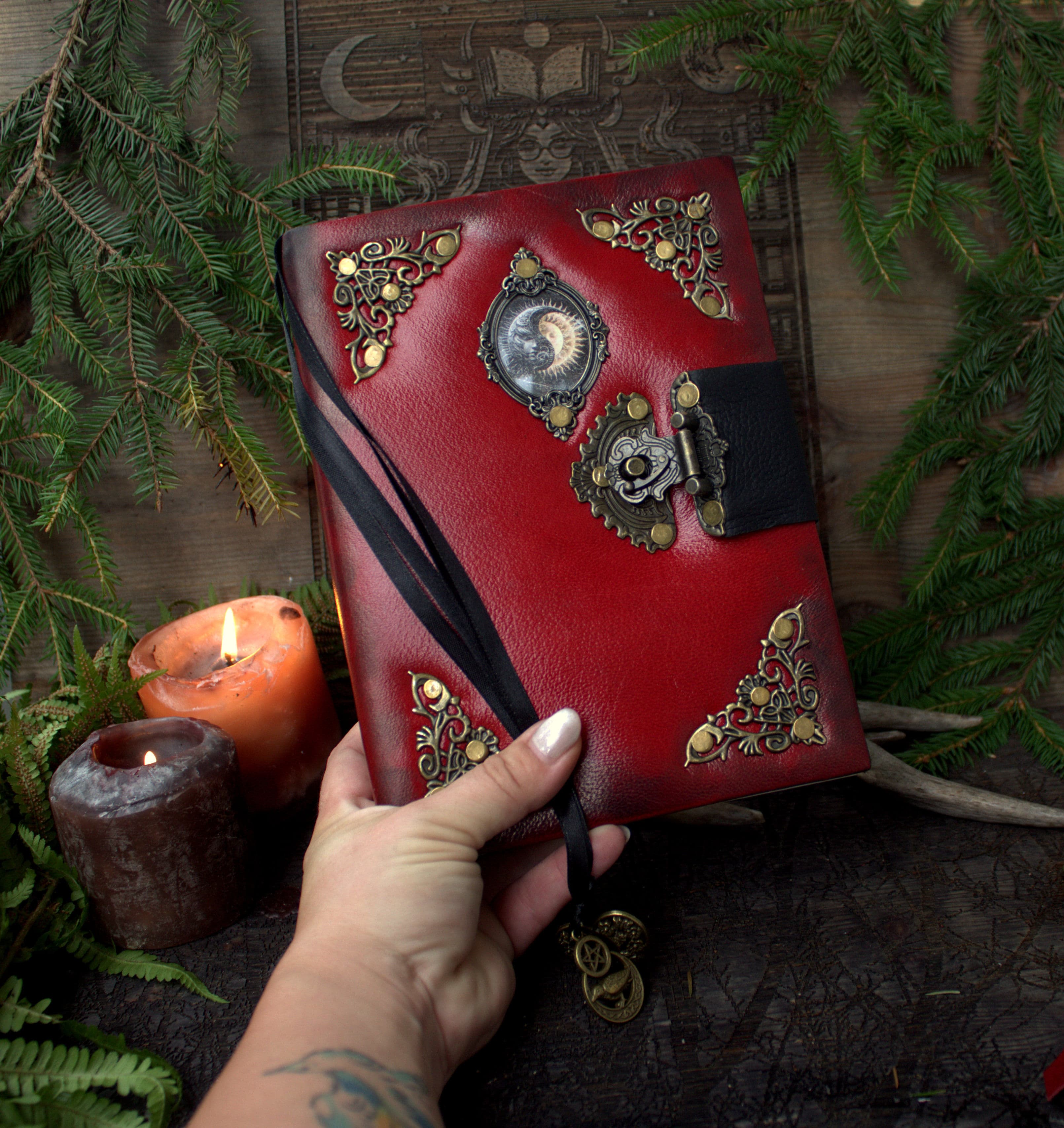 Red Leather Grimoire A5 – Handmade Spell Book, Journal, Witchcraft Notebook thumbnail 9