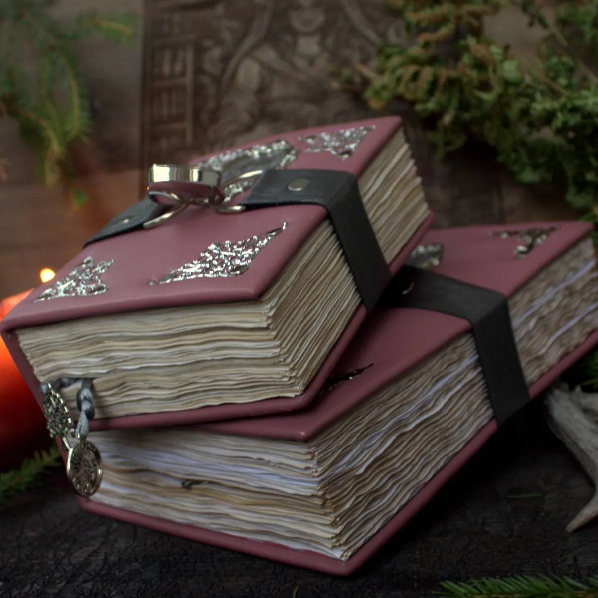 Handmade Pink Grimoire Set: Large and Small Witch Journal, Vintage Fantasy Notebook