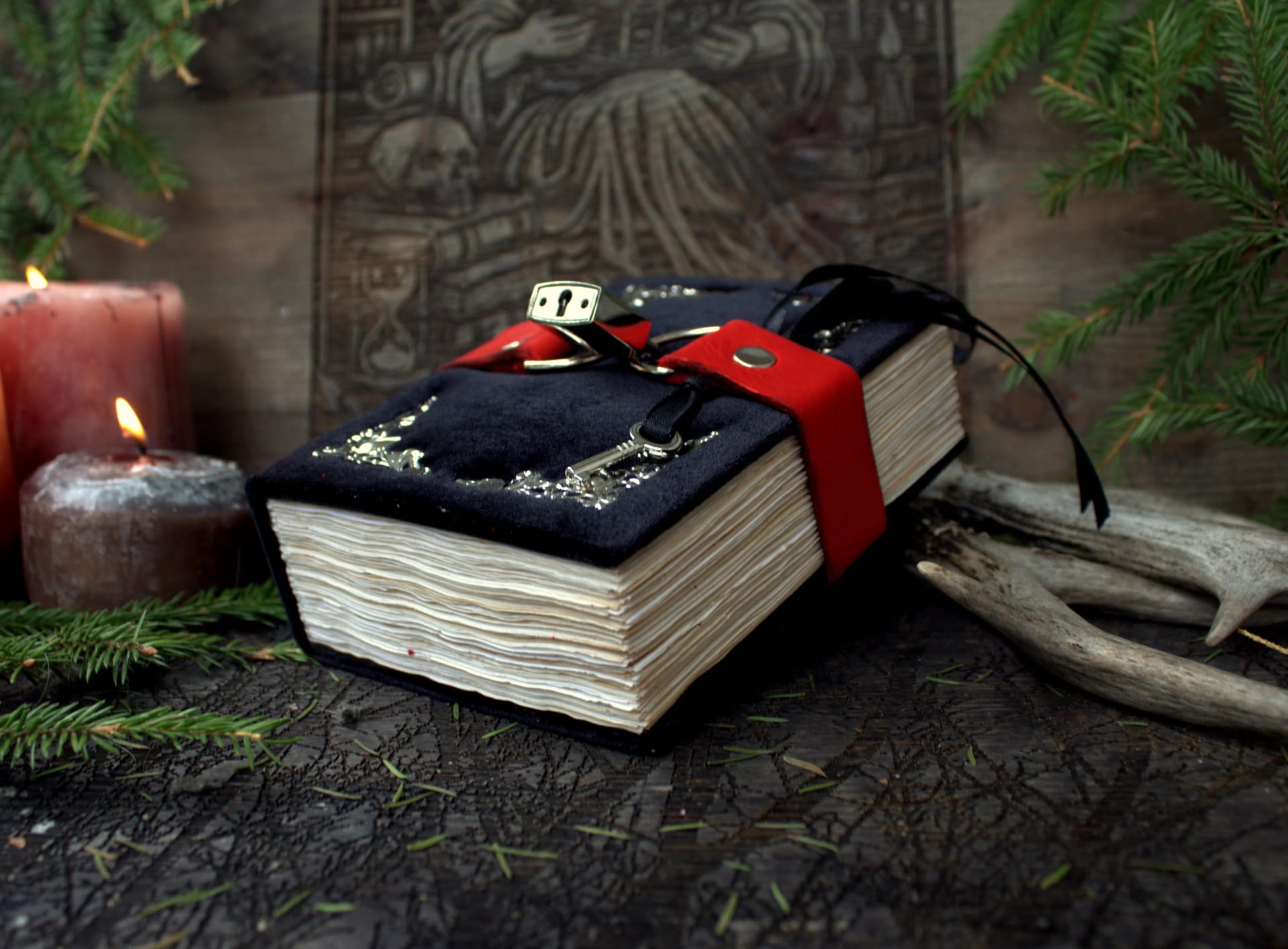 Handmade Velvet Grimoire Journal with Lock, Aged Pages