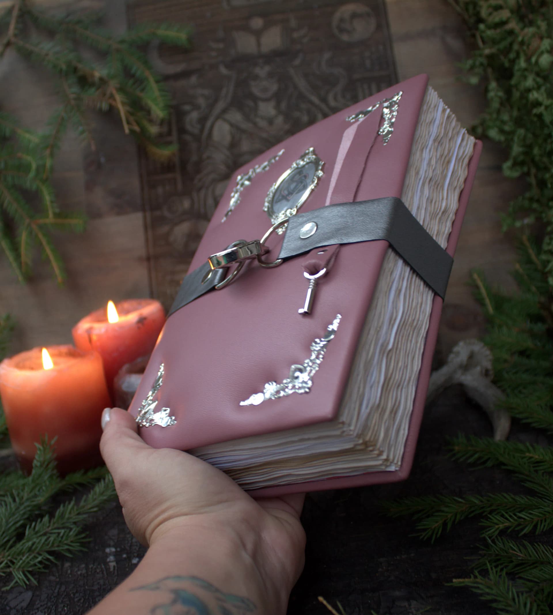 Pink Leather Grimoire Journal with Lock, Witch Spellbook - Image 1