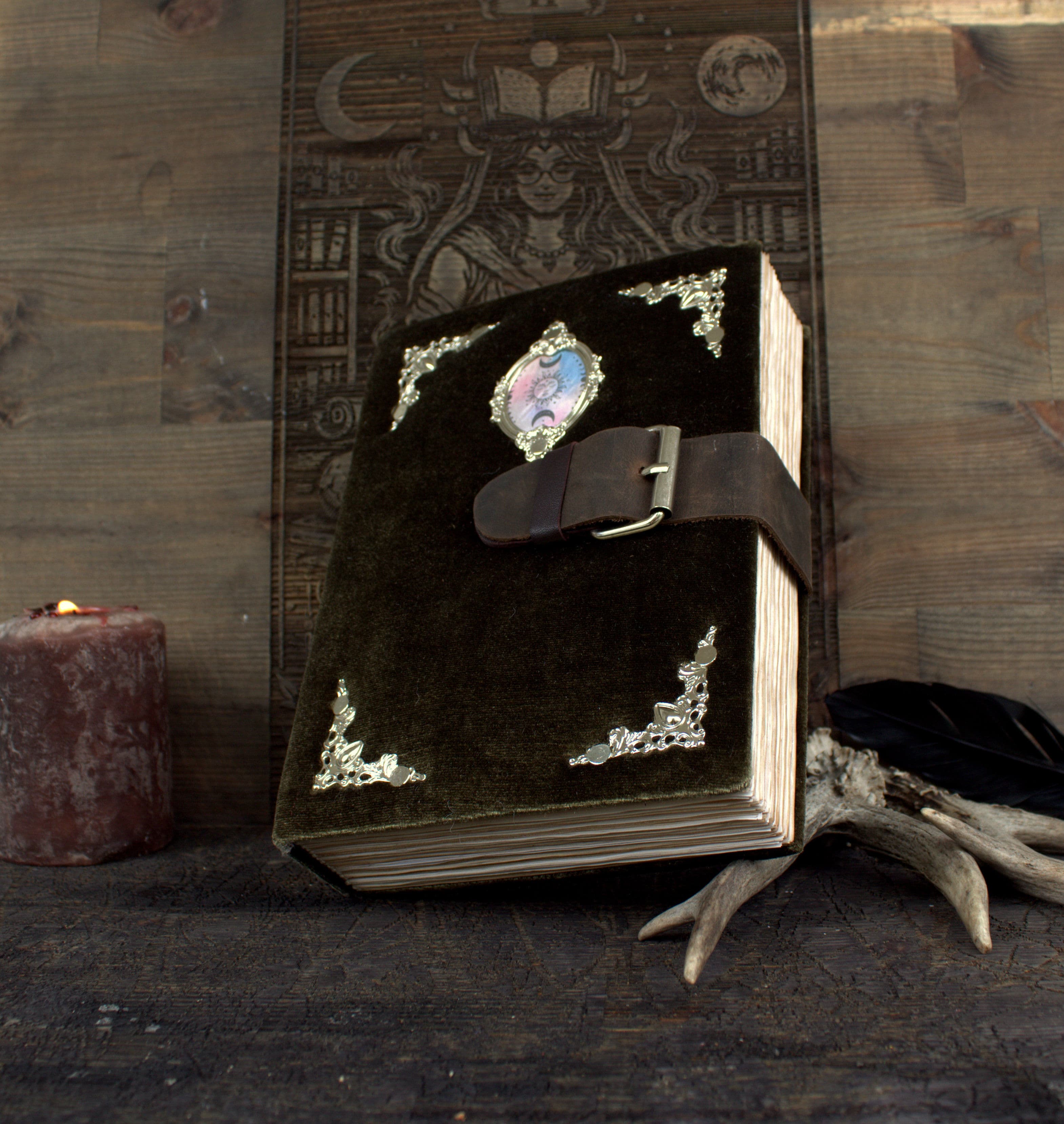 Handmade Velvet Grimoire Journal, Antique Style Book of Shadows - Image 1
