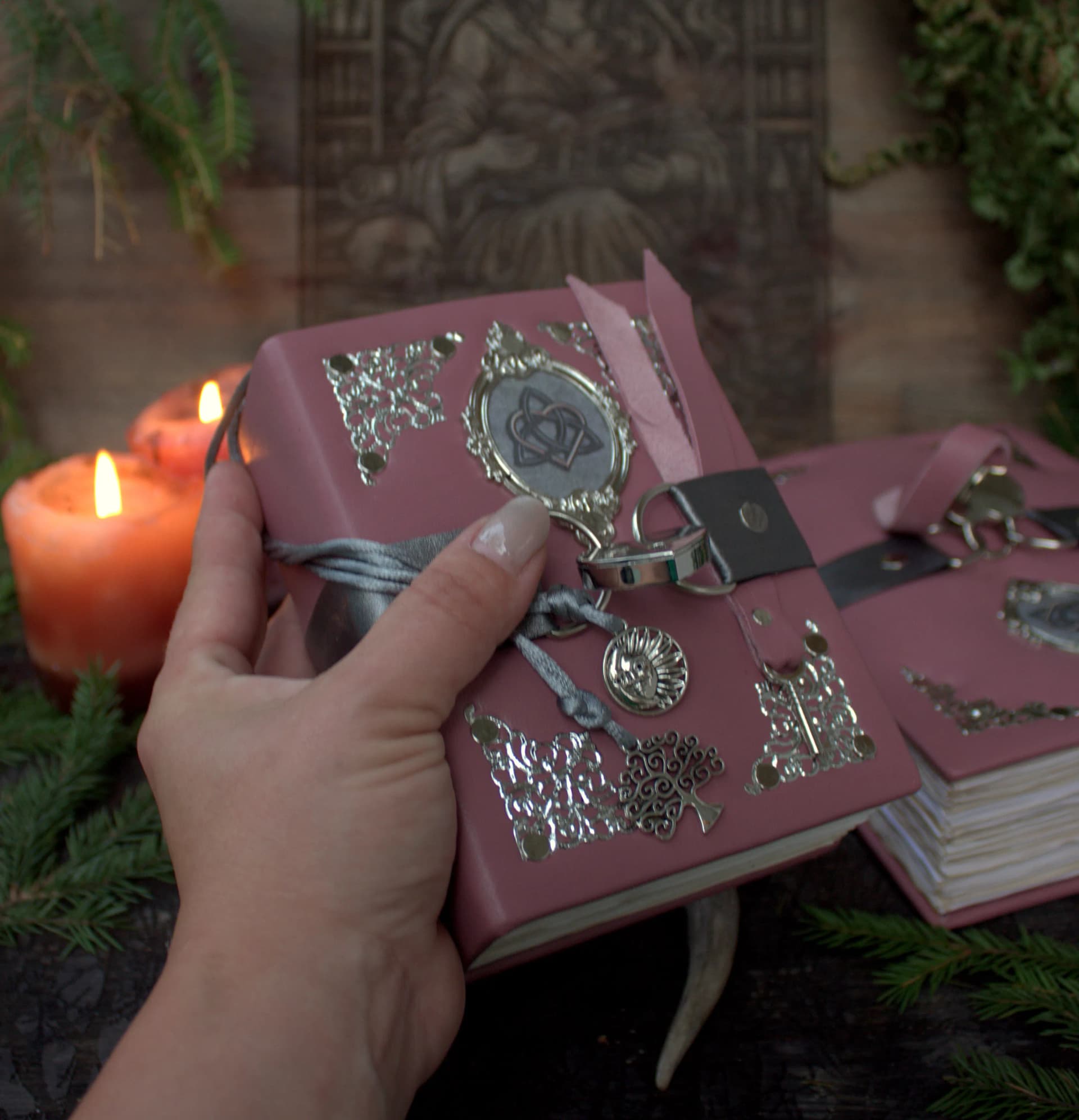 Practical magic Pink Leather Grimoire | Amethyst Spell Book with Heart Lock | Romantic Occult Gift - Image 1