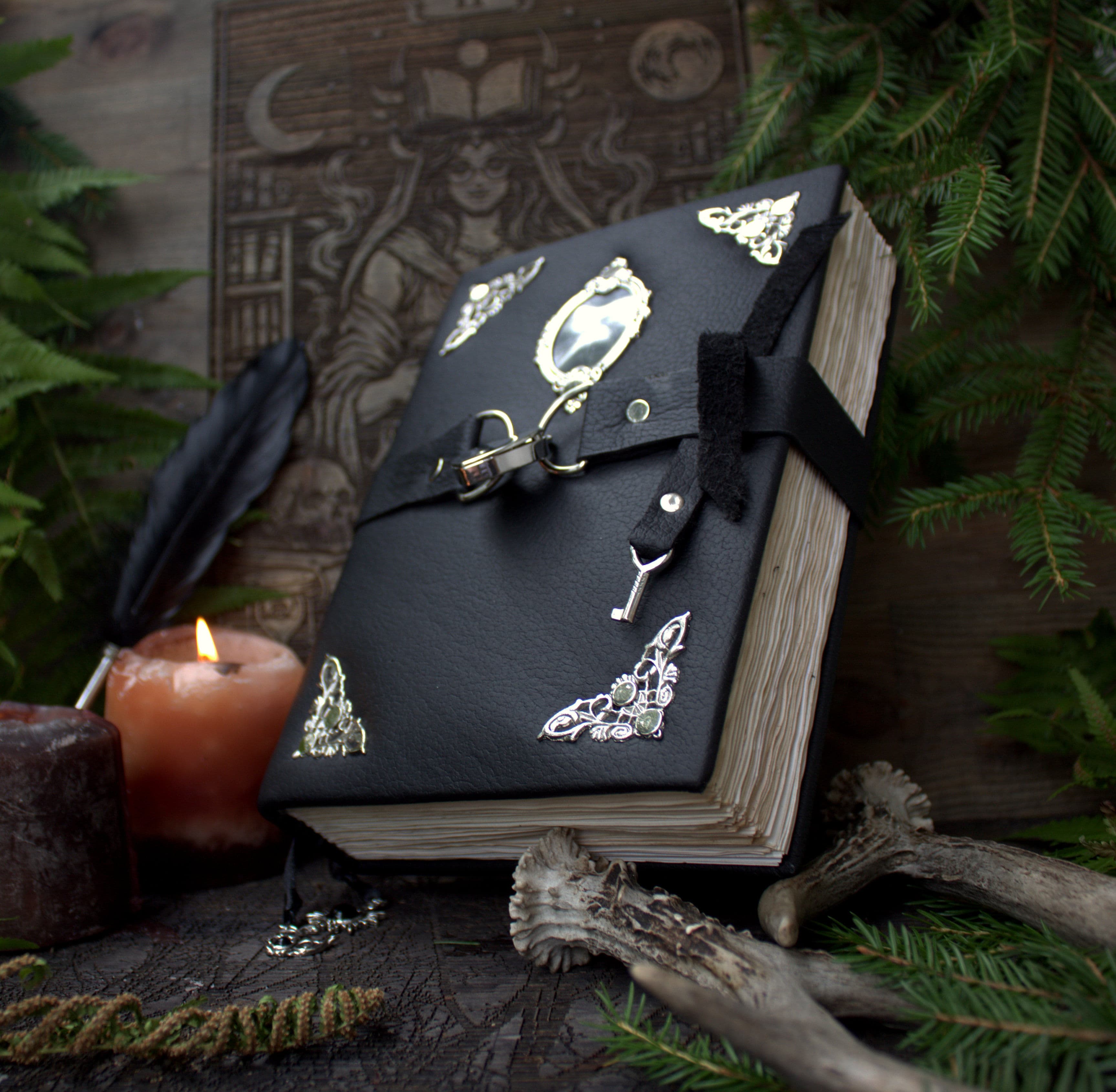 Leather Journal, Handmade Gothic Notebook, Black Grimoire, Vintage Spell Book, A5 Leather Diary with Lock, Fantasy Journal - Image 1