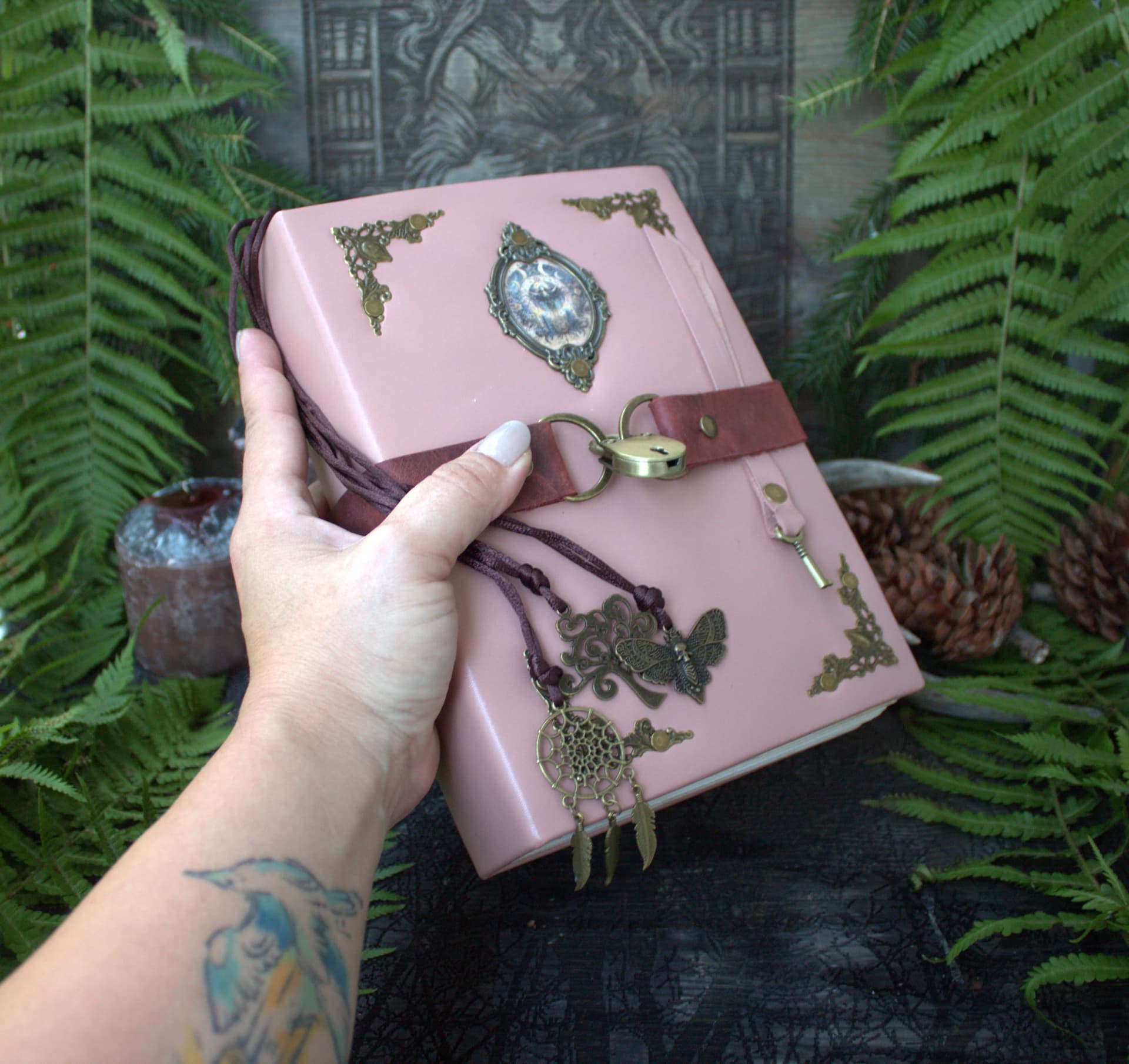 Pink Leather Locking Grimoire, Witchcraft Spell Book, Book of Shadows - Image 1