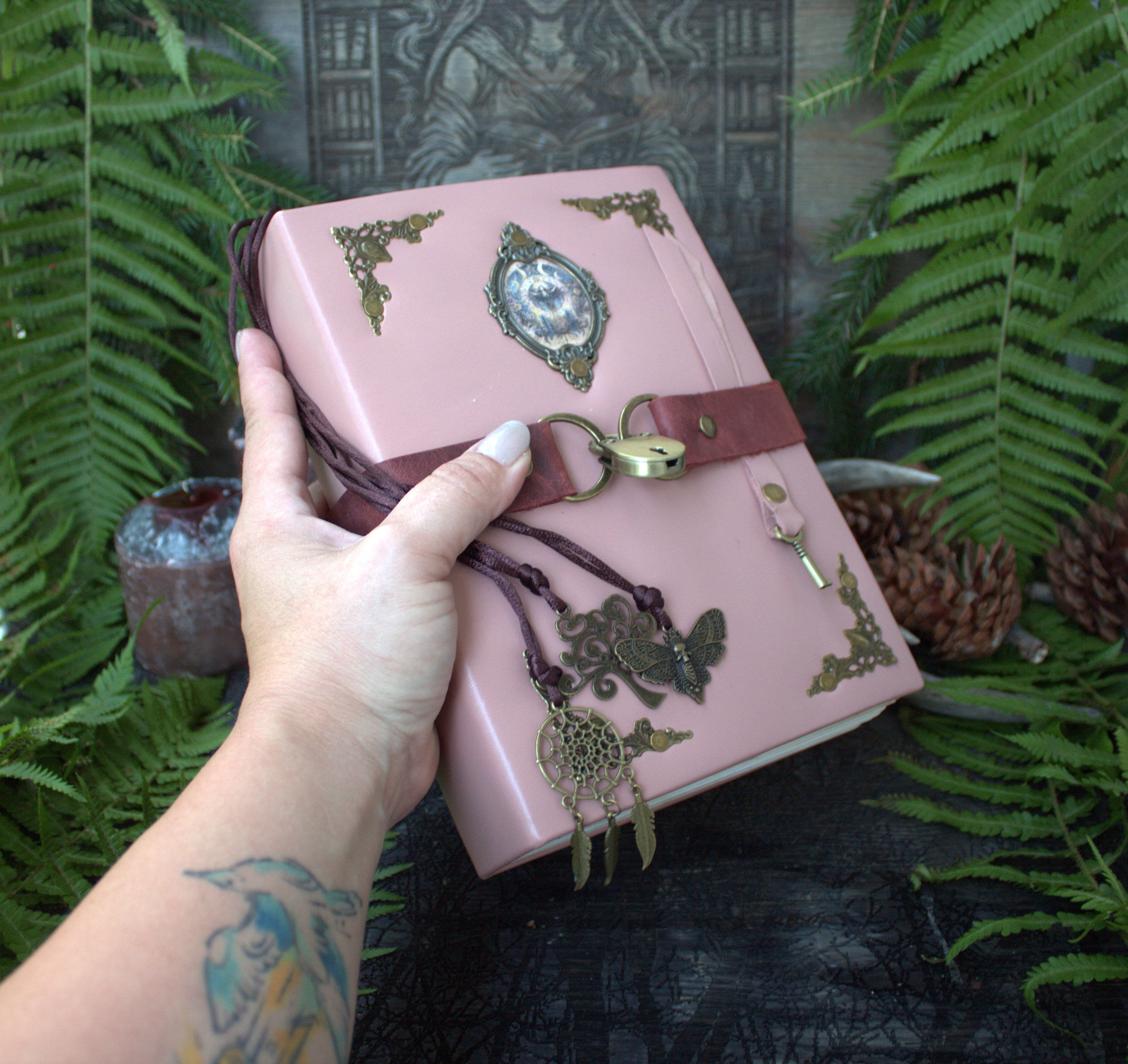 Pink Leather Locking Grimoire, Witchcraft Spell Book, Book of Shadows - Image 1