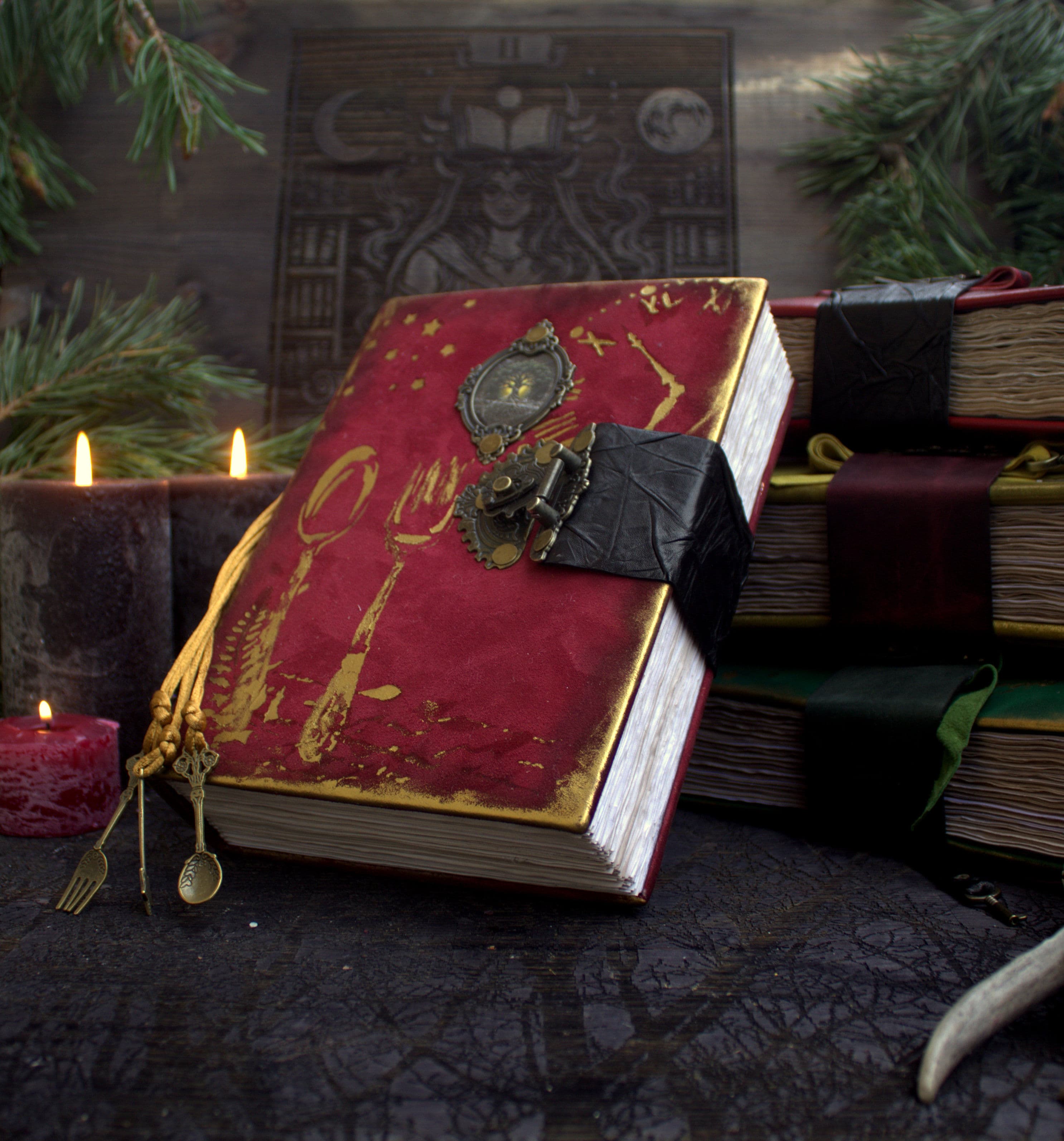 Handmade Leather Grimoire, Kitchen Witch Recipe Book, Aged Paper Journal - Image 1