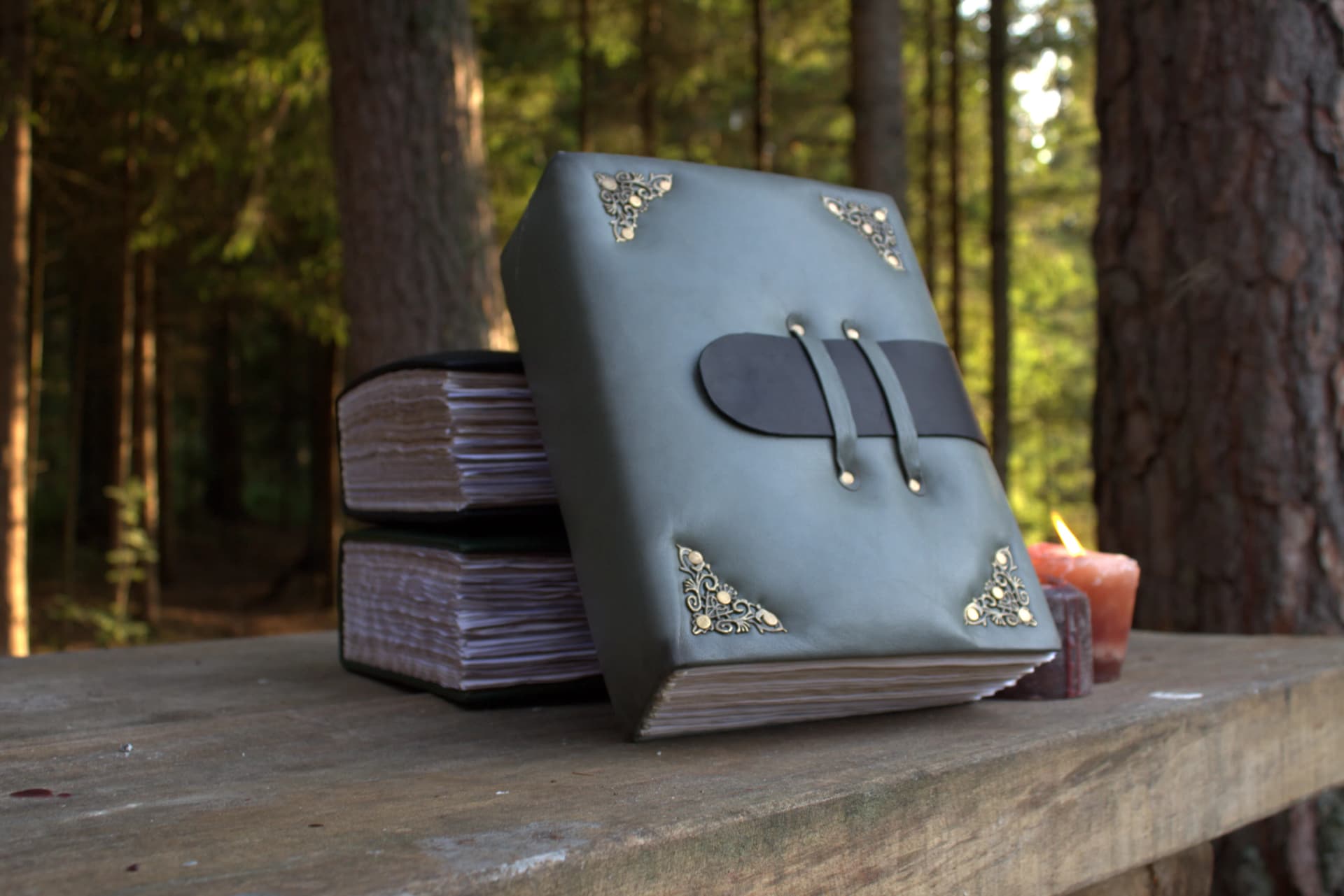 Handmade A4 Green Leather Grimoire, Medieval Book of Shadows, Fantasy Spell Book - Image 1