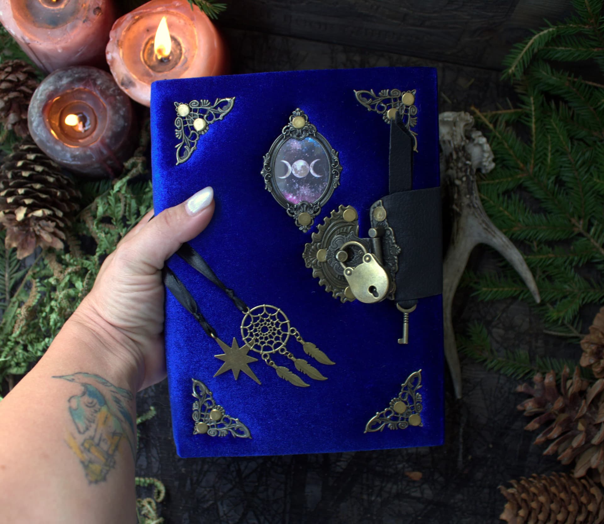 Handmade Velvet Grimoire Journal, Mini Lock Diary, A6 - Image 1