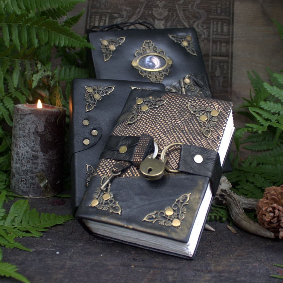 Handmade leather Grimoire A6 Journal with Lock and Key, Spell Book of Shadows - Image 1